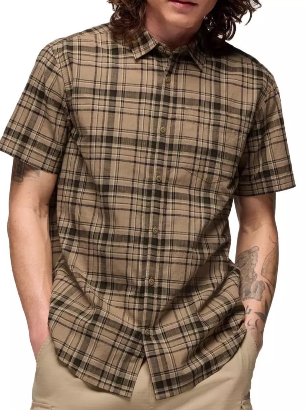 prAna Men’s Groveland Button Up Shirt Plaid Short-Sleeve Cotton Blend Small